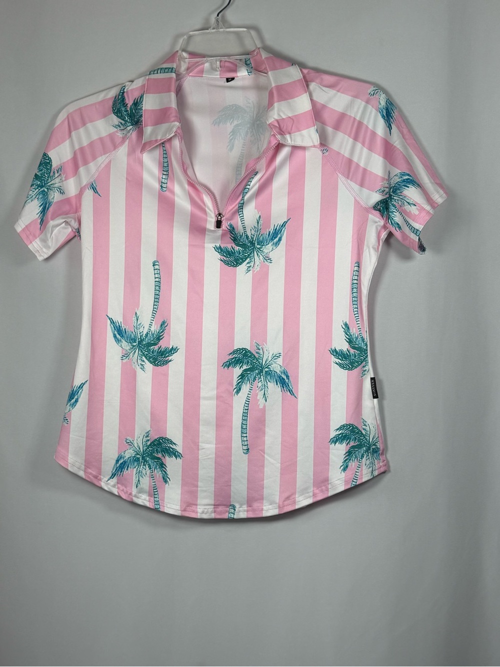 Soneven Polo Top Size M Pink Stripe Palm-Print Short Sleeve Polo Top